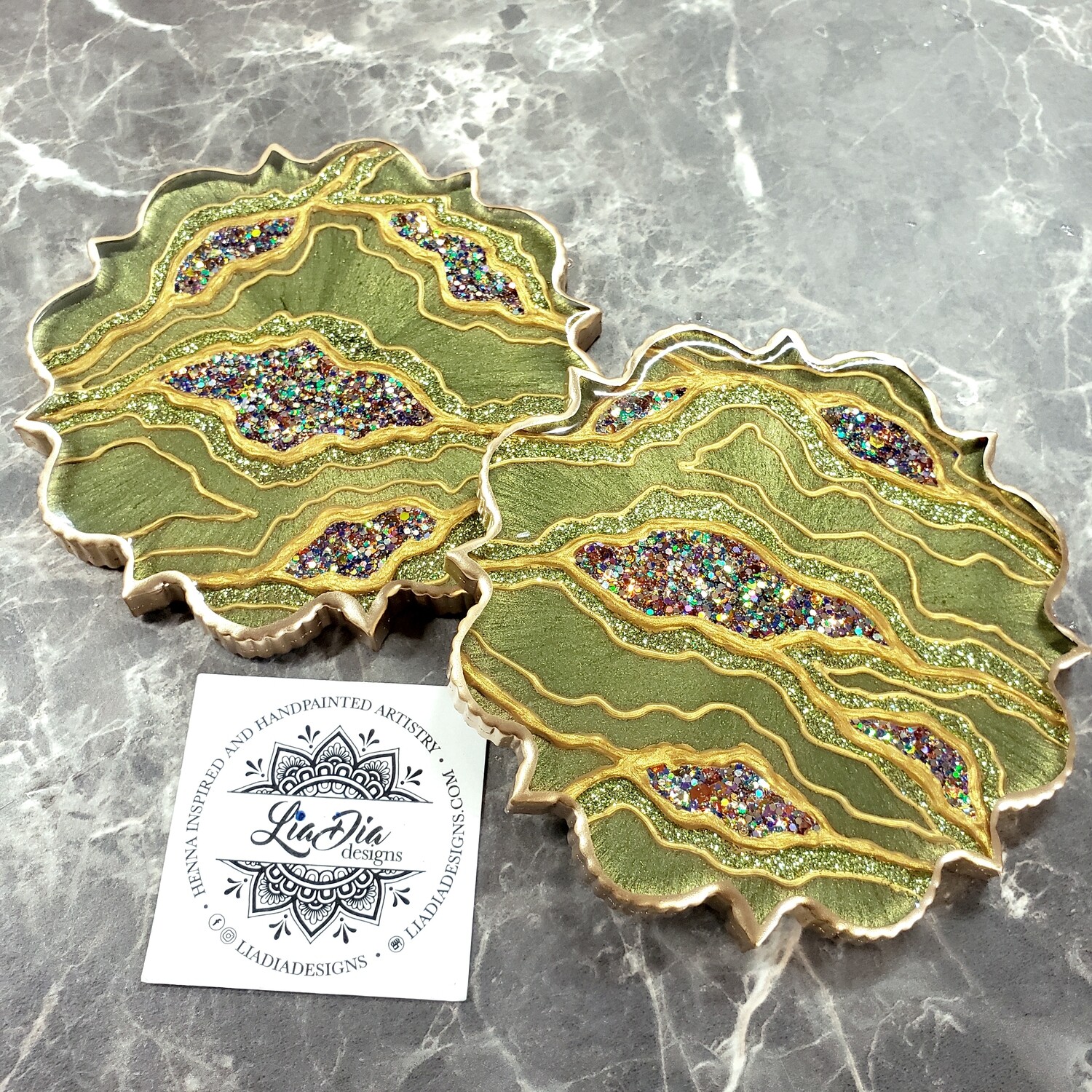 Olive Green Geode Blossom Coasters - Set of 2