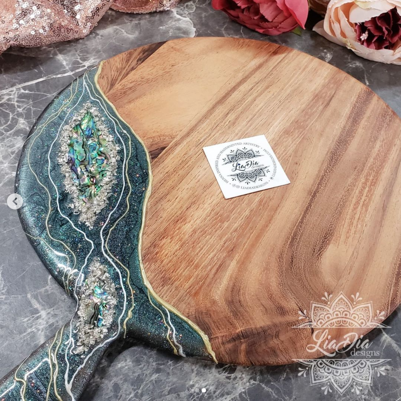 Deep Emerald Abalone Geode Style Charcuterie Cheese Paddle Board