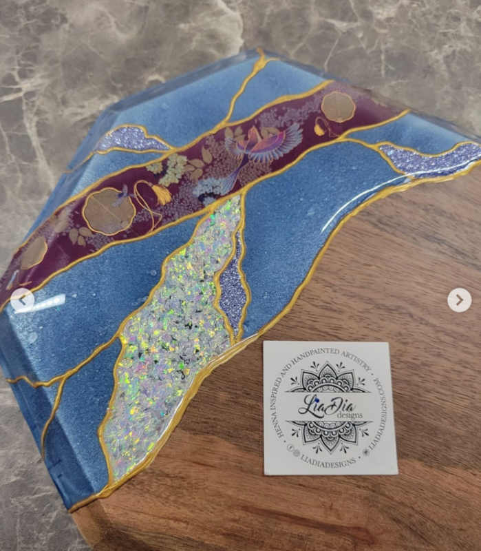 Grey Blue Sparrow Washi Tape Kintsugi Style Charcuterie/Cheese Serving Board