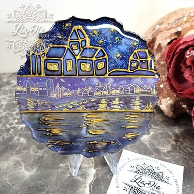 Starry Night Over the Rhone - Van Gogh Inspired Washi Tape Stained Glass Style Resin Mini Art - 5"