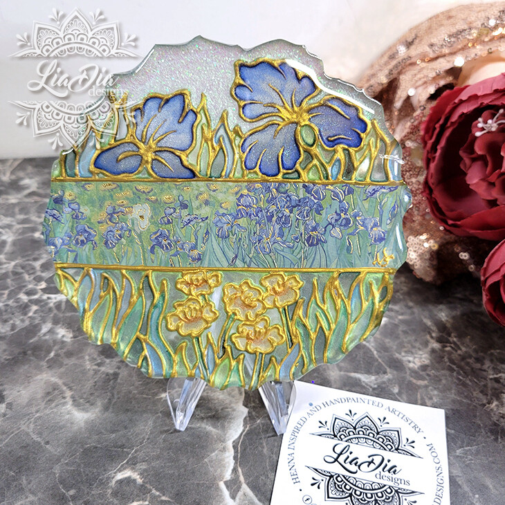 Irises - Van Gogh Inspired Washi Tape Stained Glass Style Resin Mini Art - 5&quot;