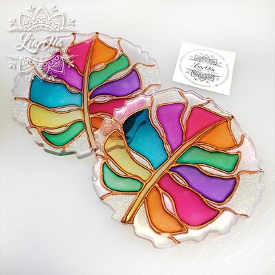 Rainbow Stained Glass Monstera Leaves - Set of 2 Coasters