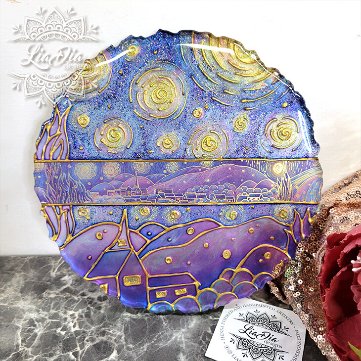 Starry Night - Van Gogh Inspired Washi Tape Stained Glass Style Resin Tray - 8&quot;