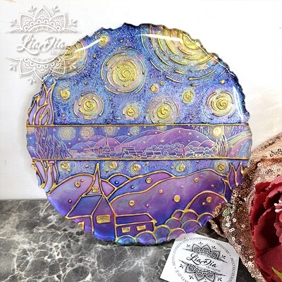 Starry Night - Van Gogh Inspired Washi Tape Stained Glass Style Resin Tray - 8"