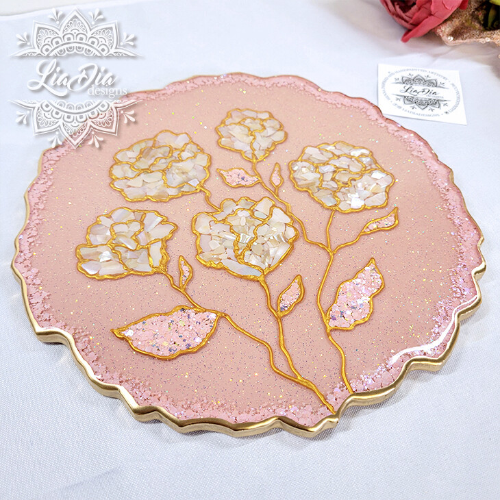 Ultra Glam - Opal Shell Floral Resin Tray - 8&quot;