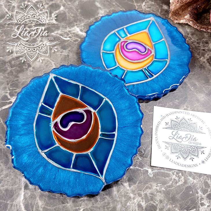 Mirror Effect Peacock Feather Coasters - Set of 2