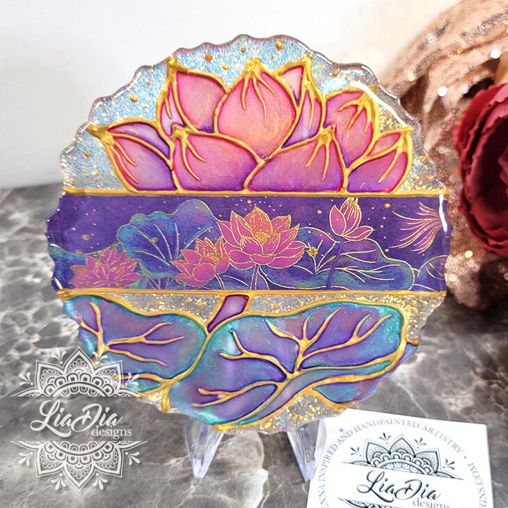 Midnight Lotus - Washi Tape Stained Glass Style Resin Mini Art - 5&quot;