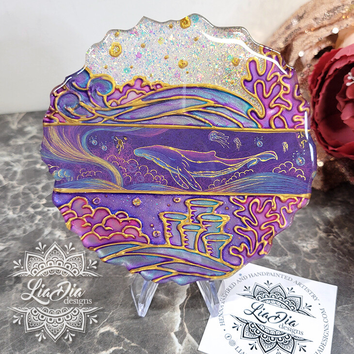 Underwater Kingdom - Great Whale - Washi Tape Stained Glass Style Resin Mini Art - 5&quot;