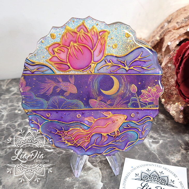 Midnight Lotus - Fish - Washi Tape Stained Glass Style Resin Mini Art - 5&quot;