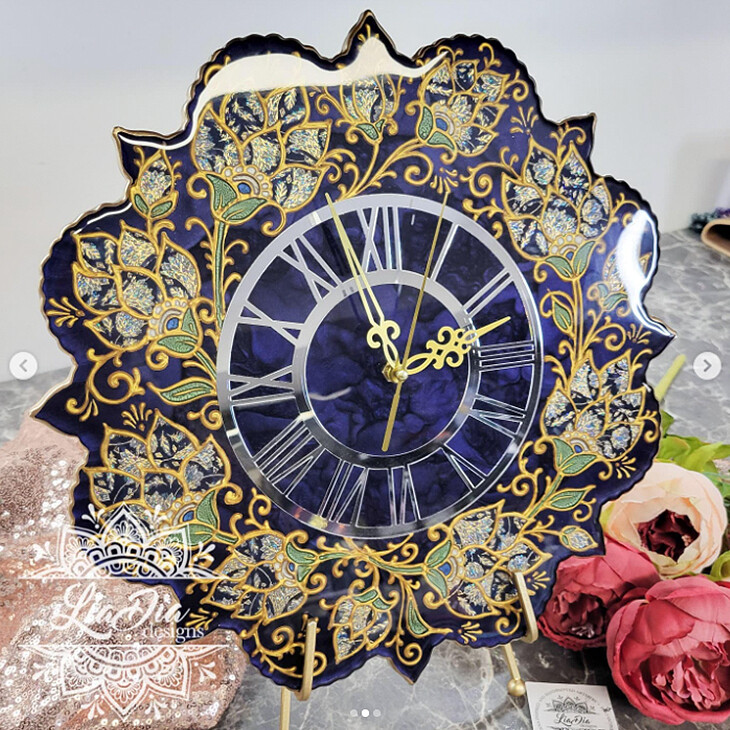 Deep Indigo Hand Painted Washi Tape Floral Resin Clock - 14&quot;