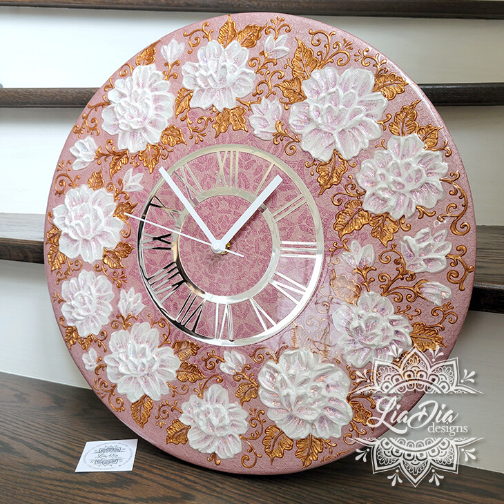 Blush Pink Sculpted Floral Resin Clock - 16"