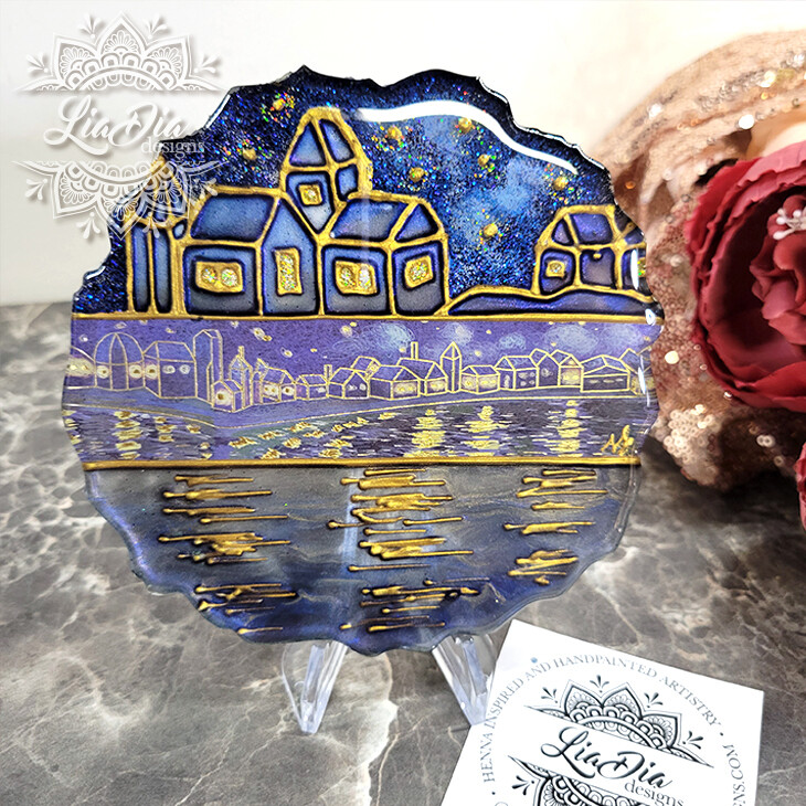 Starry Night Over the Rhone - Van Gogh Inspired Washi Tape Stained Glass Style Resin Mini Art - 5&quot;