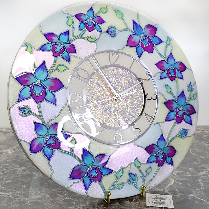 COMMISSION AVAILABLE - Stained Glass Style Orchid Resin Clock - 16"
