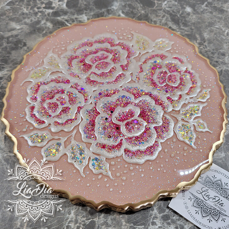 Glam Blush Pink Peony Bouquet Resin Tray - 8"