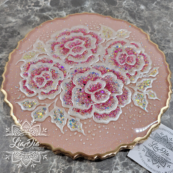 Glam Blush Pink Peony Bouquet Resin Tray - 8&quot;