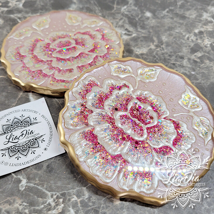 Glam Icy Pink Peony Coasters - Set of 2
