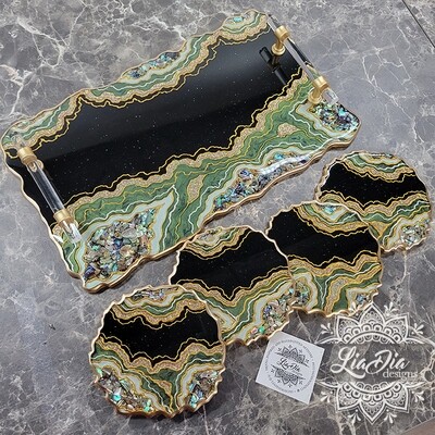 Glam Abalone Shell Green Geode Tray and Coasters Set