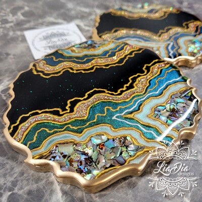 COMMISSIONS AVAILABLE- Glam Green/Blue ColorShift Abalone Geode Coasters - Set of 2