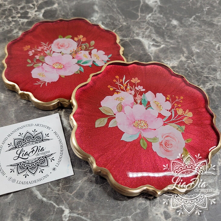 Berry Red Floral Garden Coasters - Set of 2