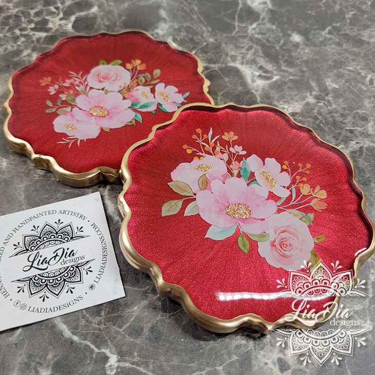 Berry Red Floral Garden Coasters - Set of 4