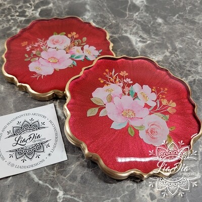 Berry Red Floral Garden Coasters - Set of 4