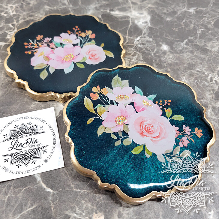 Deep Emerald Teal Floral Garden Coasters - Set of 2