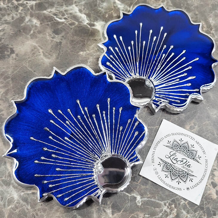 Glam Sapphire Blue Starburst Mirror Coasters - Offset - Set of 2