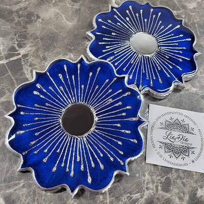 Glam Sapphire Blue Starburst Mirror Coasters - Centered - Set of 2