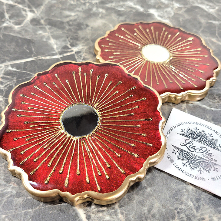 Luxe Red Starburst Mirror Coasters - Centered - Set of 2