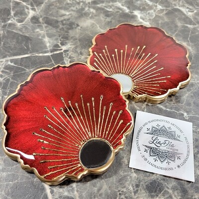 COMMISSIONS AVAILABLE - Luxe Red Starburst Mirror Coasters - Offset - Set of 2
