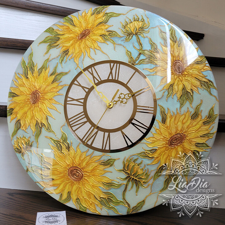 Hand Painted Sunflowers Resin Clock - 16"
