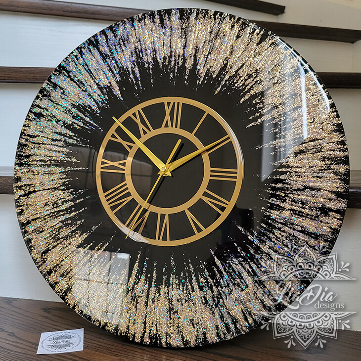 Ultra Glam Fireworks Resin Clock - Black and Gold - 16"