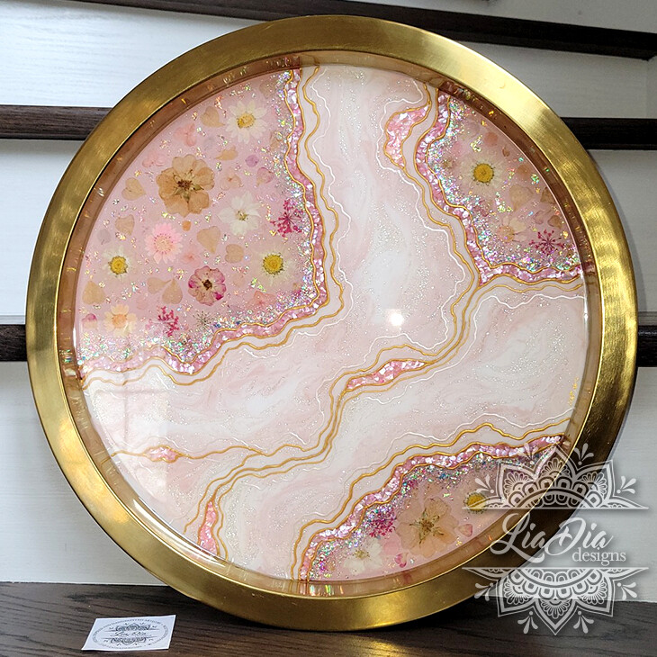 Floral Geode Serving Tray 15&quot; - Gold and Pink