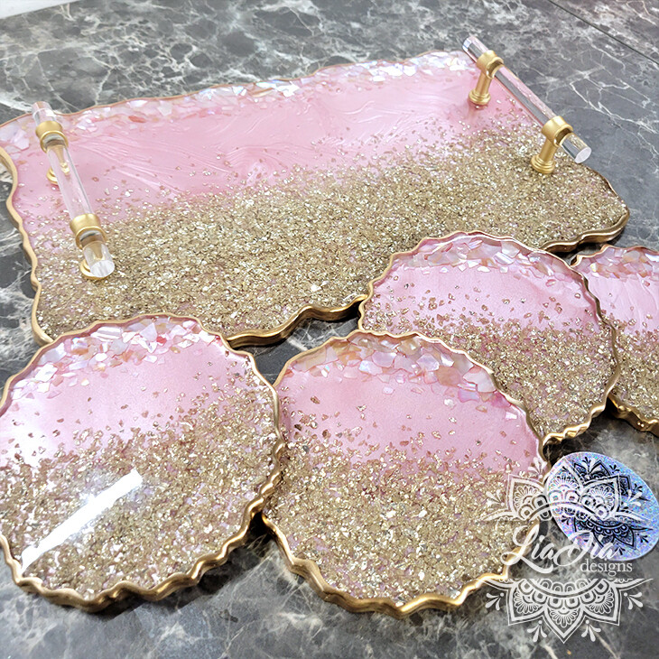Glam Pink & Champagne Tray and Coasters Set