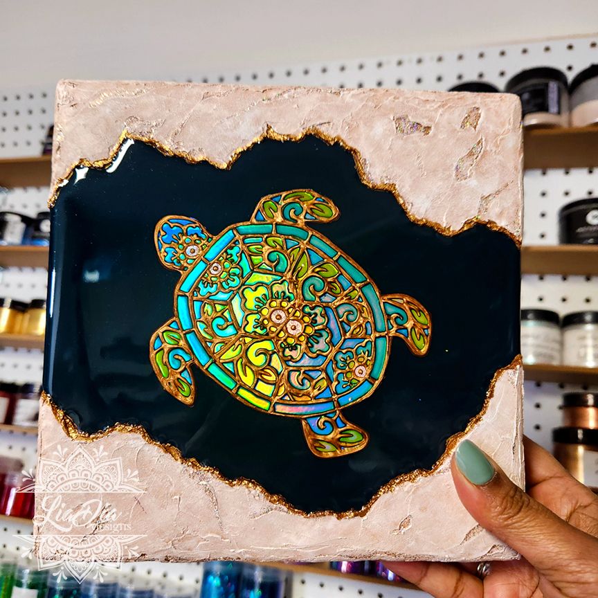 Holographic Sea Turtle &quot;Emerald Journey&quot; - 8x8&quot; gallery wood canvas
