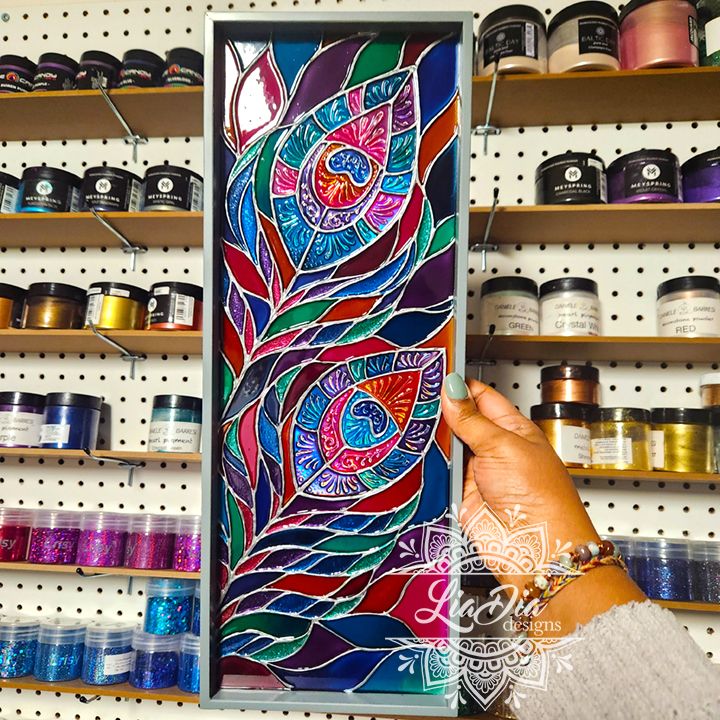 Holo Stained Glass Style Peacock Feathers &quot;Shimmering Feathers&quot; - Tray or Wall Art