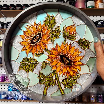 VanGogh inspired Sunflowers Tray - 12&quot; round wood tray