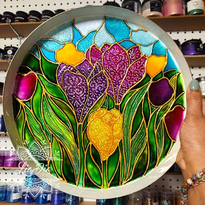 Stained Glass Style Crocus Tray &quot;First Bloom&#39;s Magic&quot; - 12&quot; Gold/White Metal Tray