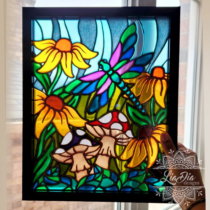 Stained Glass Painting - &quot;Dragonfly Garden&quot; Window Wall Art - 11x15&quot;