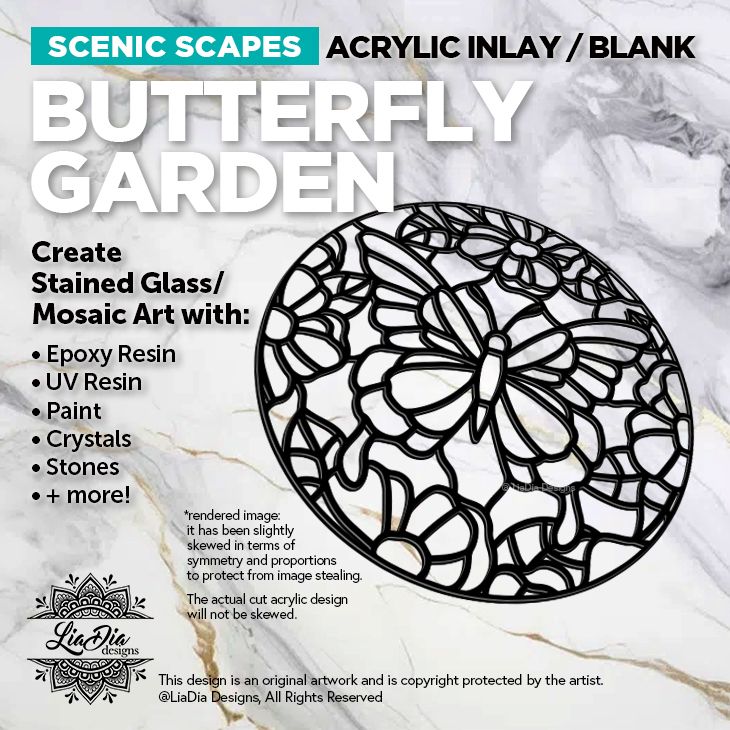 Scenic Scapes - Butterfly Garden - Inlay/ Silhouette  - 7&quot; Round Black Acrylic Blank