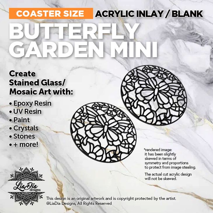 Coaster Minis - Butterfly Garden  - Inlay / Silhouette Black Acrylic Blank - 2 pieces