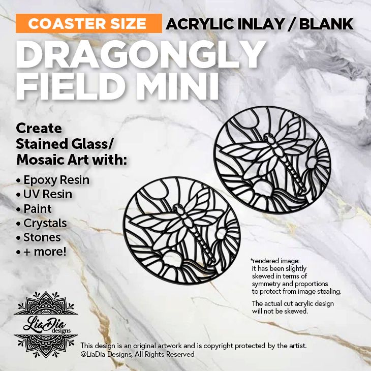 Coaster Minis - Dragonfly Field  - Inlay / Silhouette - 3.5&quot; Black Acrylic Blank - 2 Pieces