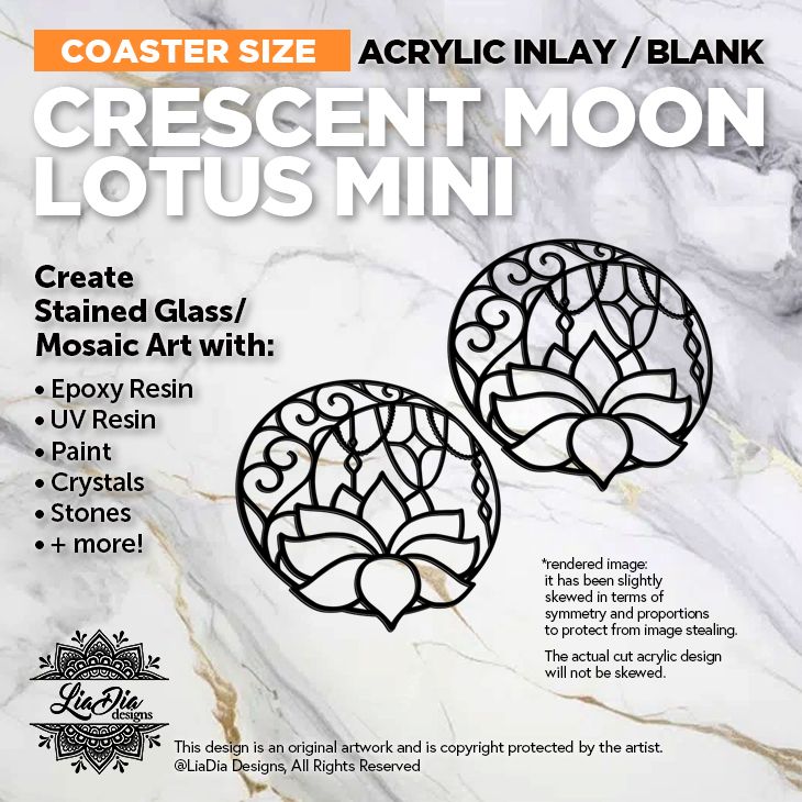 Coaster Minis - Crescent Moon Lotus - Inlay / Silhouette Black Acrylic Blank - 2 pieces