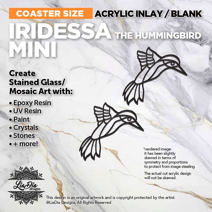 Coaster Minis - Iridessa Hummingbird  - Inlay / Silhouette - Black Acrylic Blank - 2 pieces