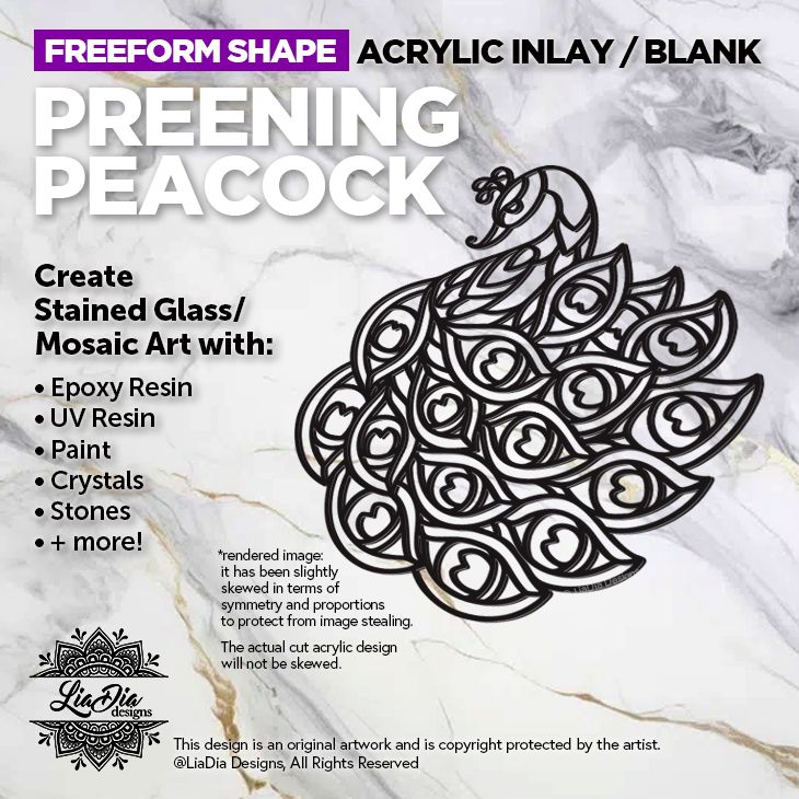 Freeform - Preening Peacock - Inlay / Silhouette - 7&quot; Black Acrylic Blank