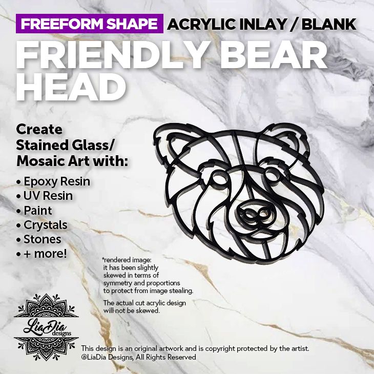 Freeform - Friendly Bear Head - Inlay / Silhouette - 5&quot; Black Acrylic Blank