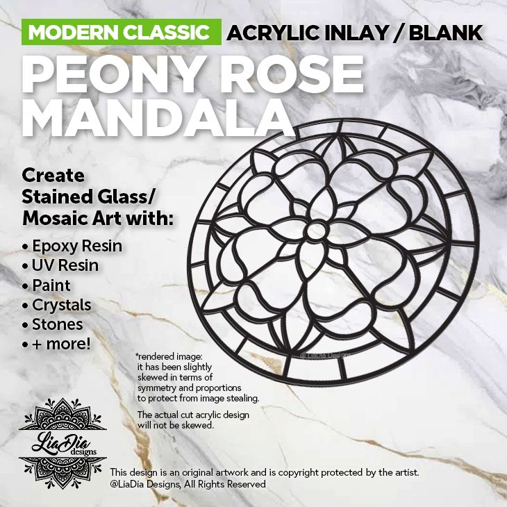 Modern Classic - Peony Rose Mandala - Inlay/ Silhouette  - 7&quot; Round Black Acrylic Blank