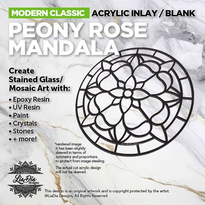 Modern Classic - Peony Rose Mandala - Inlay/ Silhouette  - 7&quot; Round Black Acrylic Blank