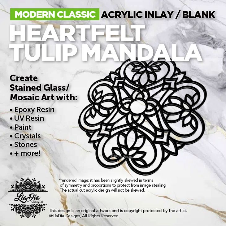 Modern Classic - Heartfelt Tulip Mandala - Inlay/ Silhouette  - 7&quot; Round Black Acrylic Blank