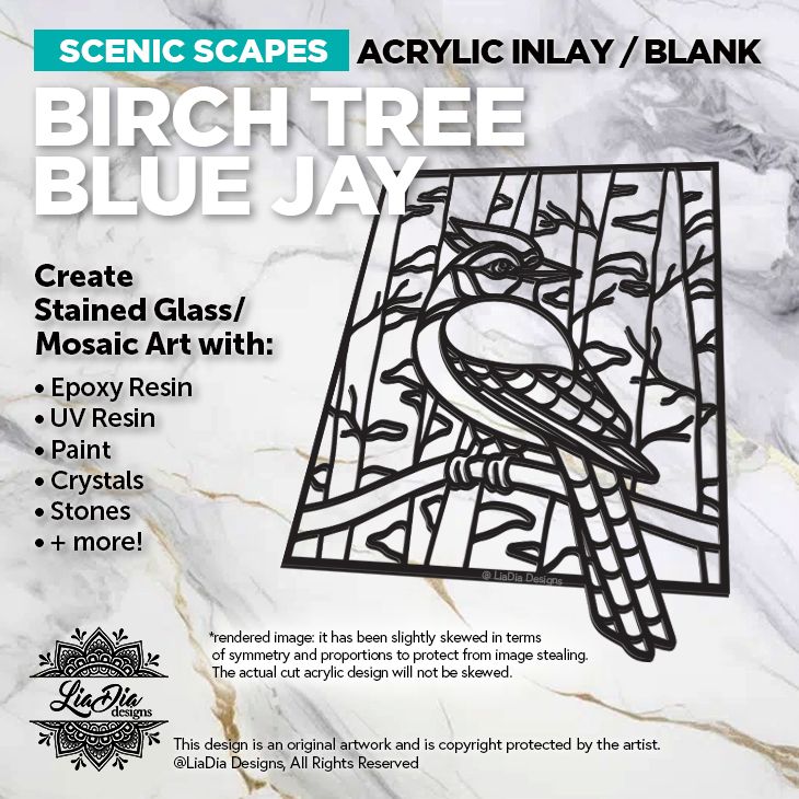Scenic Scapes - Birch Tree Blue Jay - Inlay/ Silhouette  - 8&quot; Black Acrylic Blank